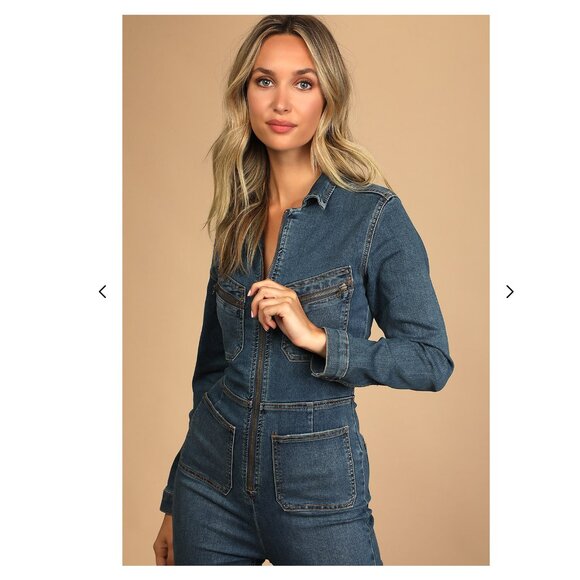 Free People Lennox Black Wash Denim Skinny Utility Jumpsuit, L NWT $148 - Picture 1 of 8